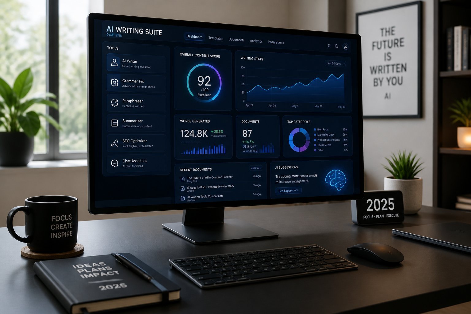 A clean office desk with a computer showing AI writing tool icons and graphs, surrounded by a notebook, coffee cup, and a plant near a window.